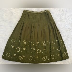 IPSA Anthropologie Olive Green embroidered lined Skirt